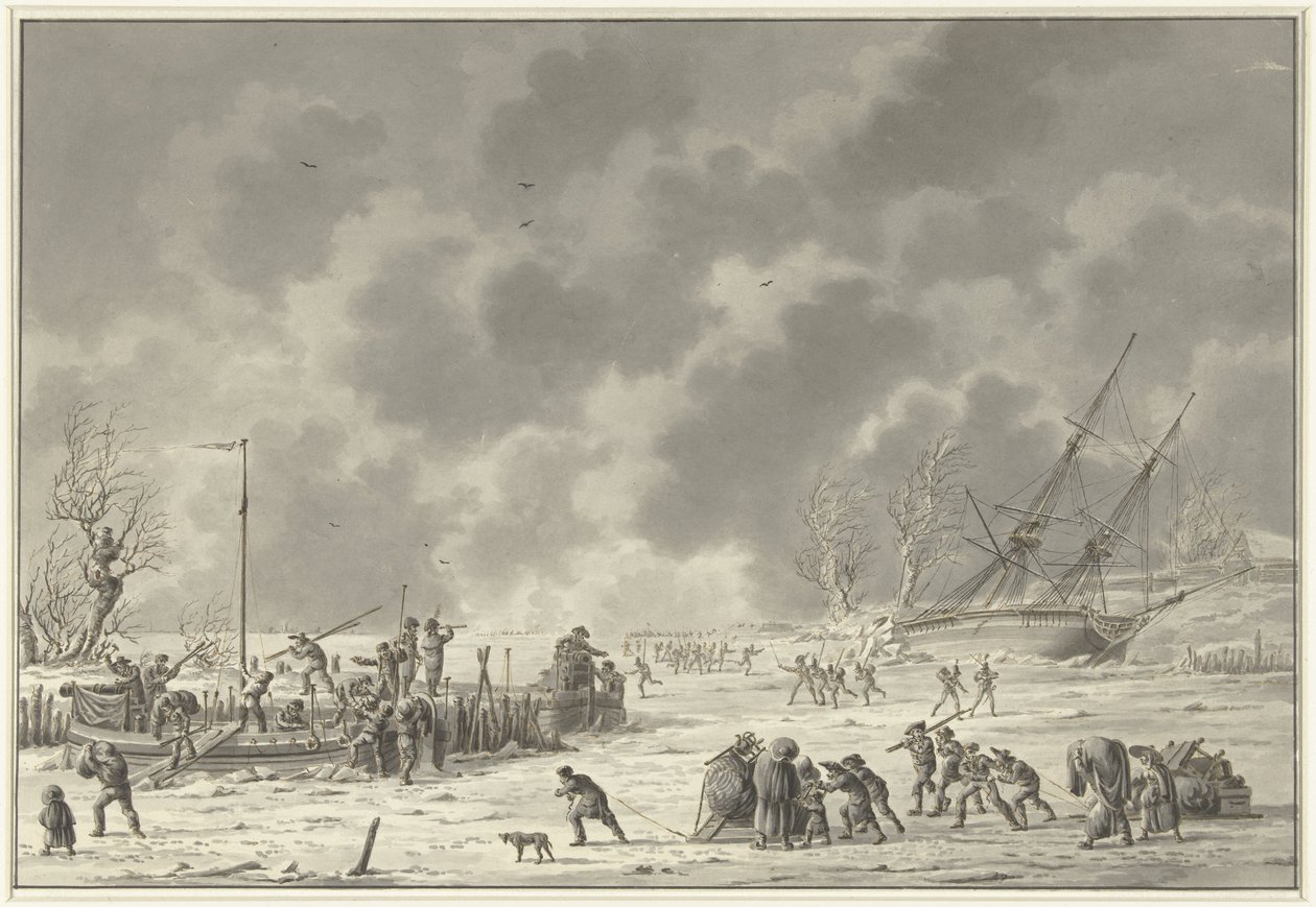 Landzatenin lennot Texelissä tammikuussa 1795 Canonier Bootenin ja Landzaatenin Vlugtin lähtö joulukuussa 1794 (otsikko esineessä) tekijältä Dirk Langendijk
