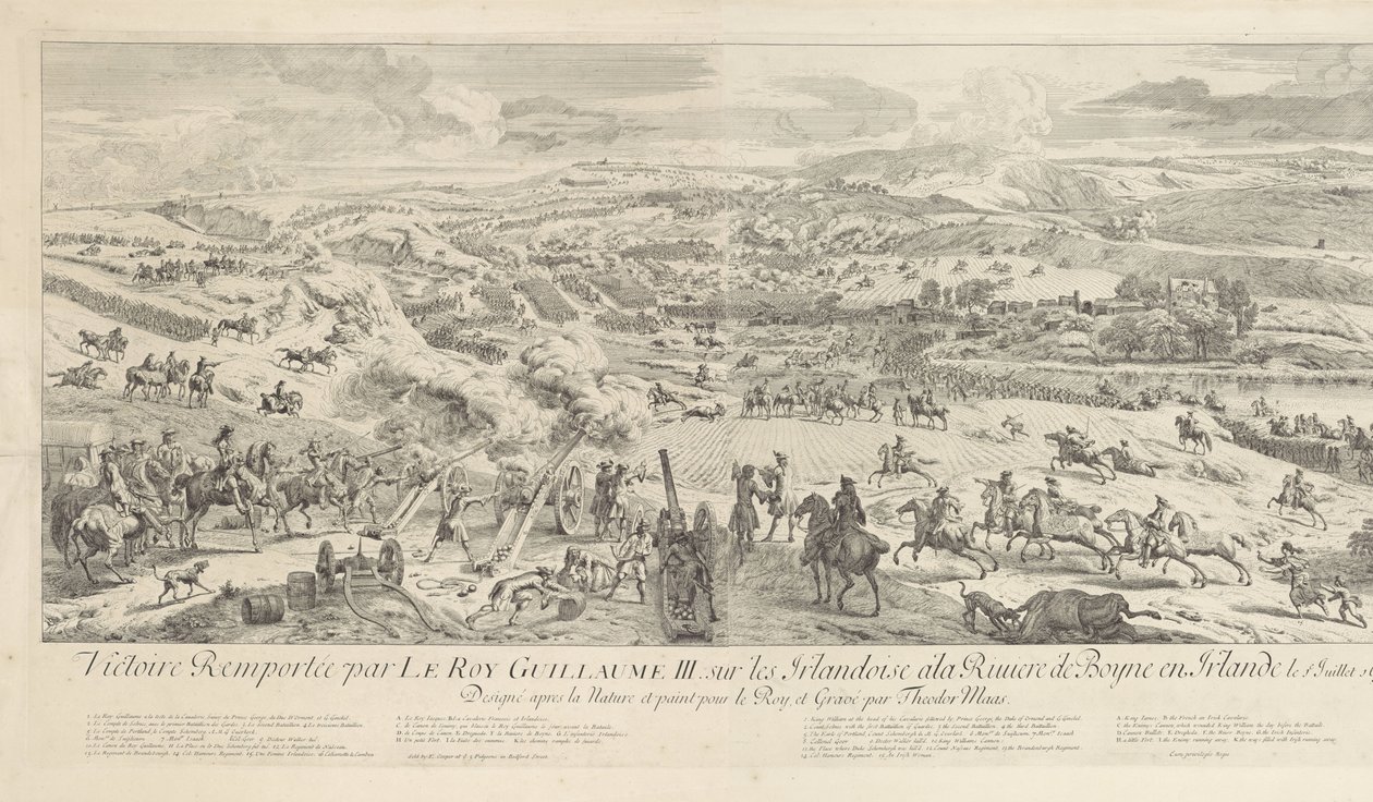 Slag bij Drogheda aan de Boyne, 1. heinäkuuta 1690 Voiton voitti Le Roy Guillaume III. irlantilaisnaisista Boyne-joella Irlannissa 1. heinäkuuta 1690 (otsikko esineessä) tekijältä Dirk Maas