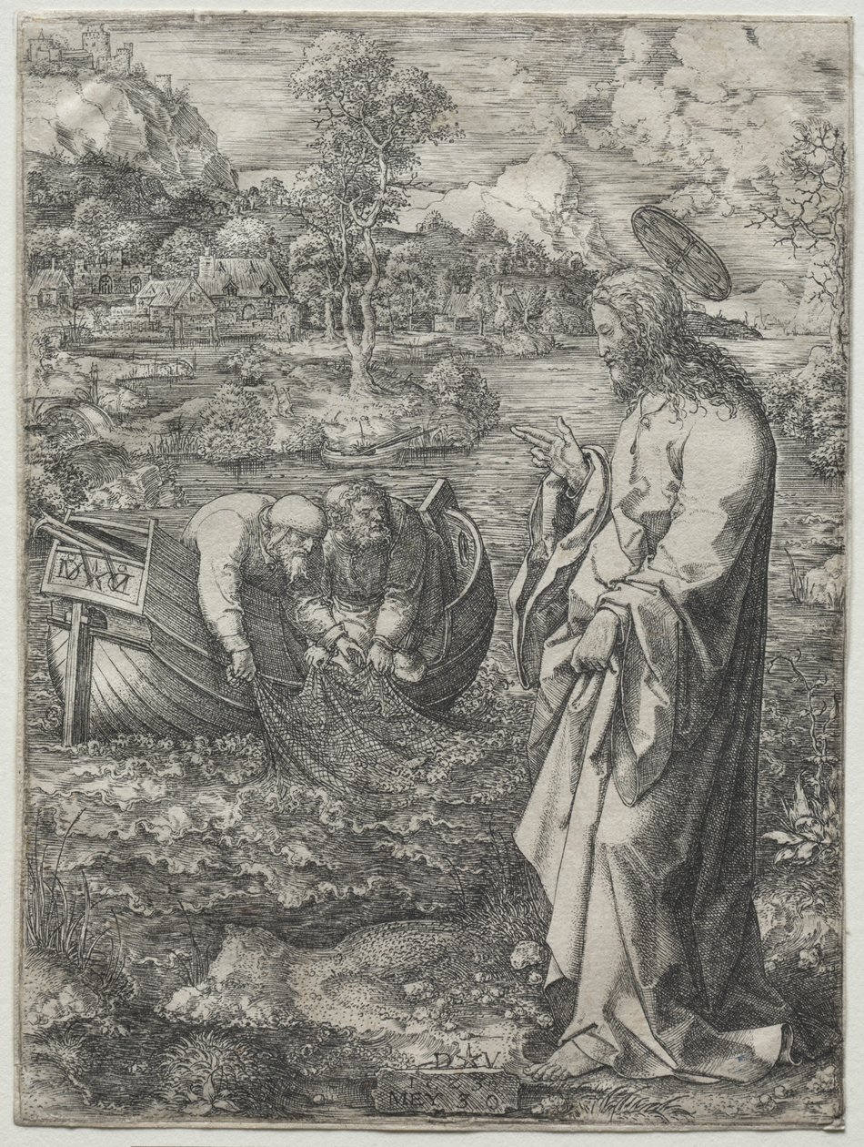Jeesus kutsuu Pietarille ja Pyhälle Andrealle, 1523. tekijältä Dirk Vellert