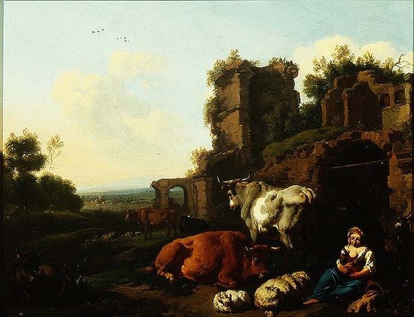 Maisema, jossa on paimentolaisnainen, noin 1670 (öljy paneelille). tekijältä Dirk van Berghen