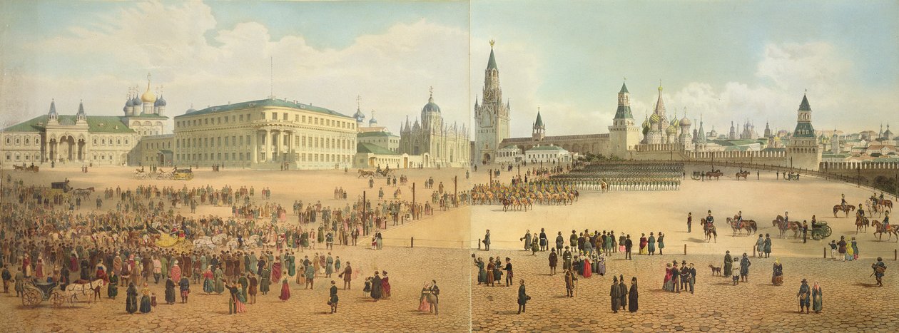 Nikolajevskin palatsi ja Pyhän Vasilin katedraali Kremlistä katsottuna Moskovan panoraamanäkymästä, kaiverrus Philippe Benoist (1813-n.1905) ja Auburn, pubi. kirjoittanut Lemercier, n. 1840 (katso 8876 tekijältä Dmitri Indieitzeff