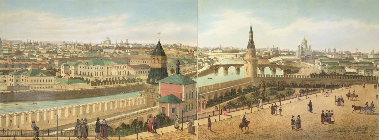 Näkymä joelle Kremlistä, mukaan lukien Vapahtajamme kirkko, Moskovan panoraama, kaiverrettu Philippe Benoist (1813-n.1905) ja Aubrun, pubi. kirjoittanut Lemercier, noin 1840 tekijältä Dmitri Indieitzeff