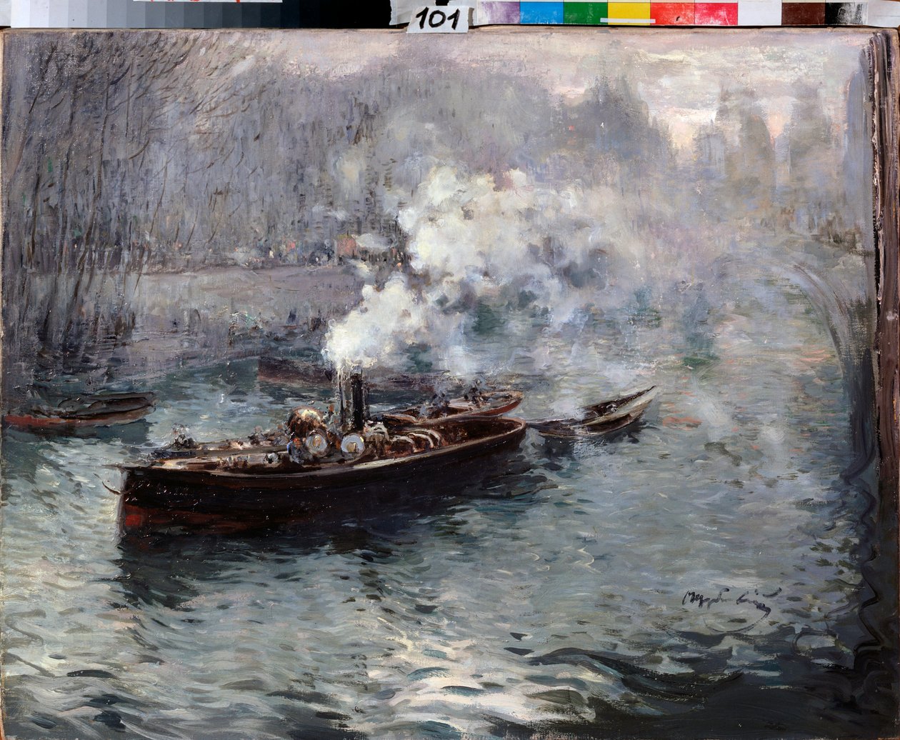 Höyrylaiva - Dmitri Anfimovich Shcherbinovskin (1867-1926) maalaus öljy kankaalle tekijältä Dmitri Anfimovich Shcherbinovsky