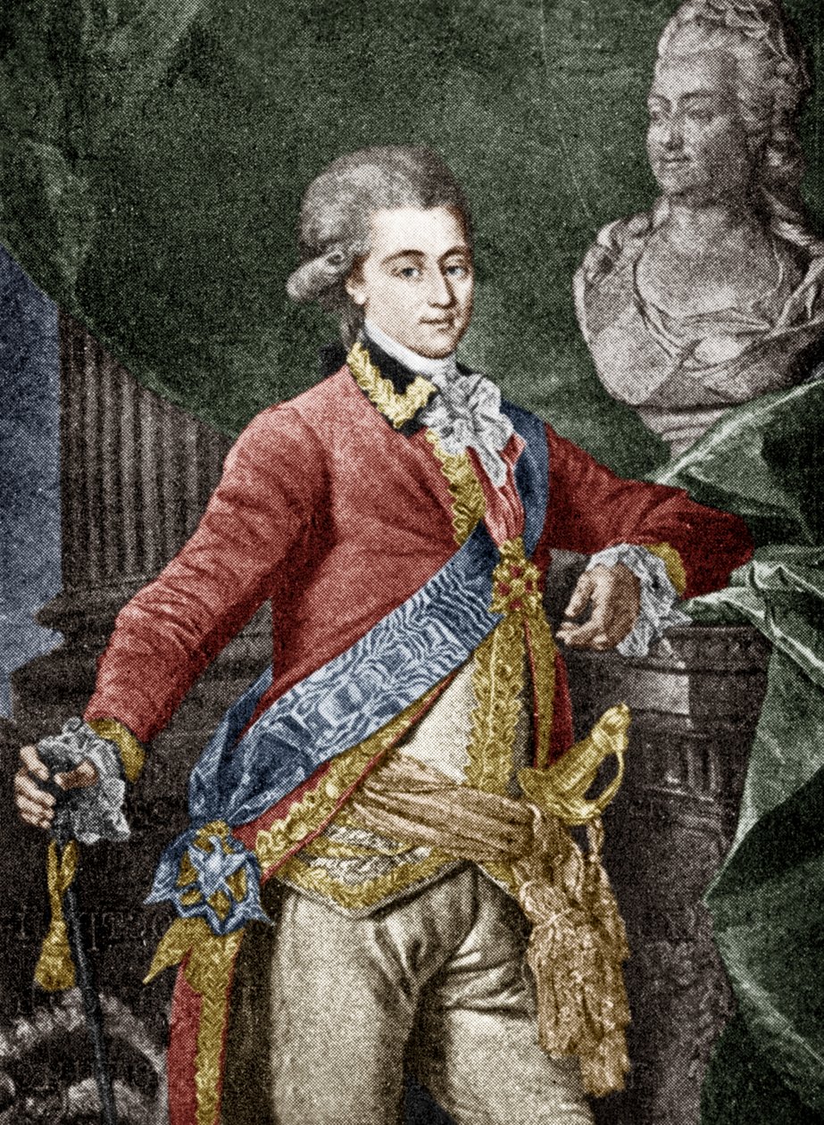 Aleksandr Dmitrijevitš Lanskoi (1758-1784) venäläinen sotilas, Venäjän Katariina II:n rakastaja, kaiverrus väritetty dokumentti tekijältä Dmitri Grigor
