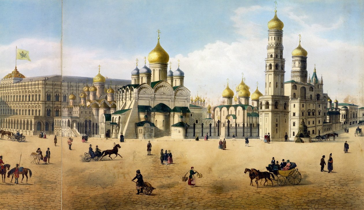 Marian ilmestys- ja arkkienkelin katedraalit Moskovan panoraamakuvasta, kaiverrettu Philippe Benoist 1813-1905 ja Aubrun, julkaissut Lemercier litografia 105099:stä tekijältä Dmitri Indieitzeff