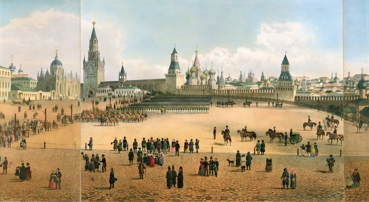 Pyhän Basilin katedraali Kremlistä katsottuna Moskovan panoraamakuvasta, kaiverrettu Philippe Benoist 1813-1905 ja Aubrun, julkaissut Lemercier, n. 1840, litografia 105095:stä tekijältä Dmitri Indieitzeff