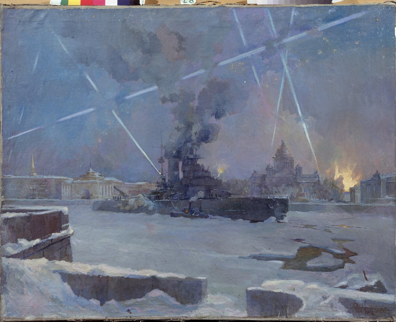 Raskas tykistö Neva-joella Leningradissa (Pietari, Venäjä) vuonna 1942. (Kiirassi jäällä joella puolustaa palavaa kaupunkia ilmahyökkäyksiä vastaan ​​Leningradin piirityksen aikana). Episodi toisesta maailmansodasta (1939-1945). Taidemaalari tekijältä Dmitri Nikiforovich Martynov