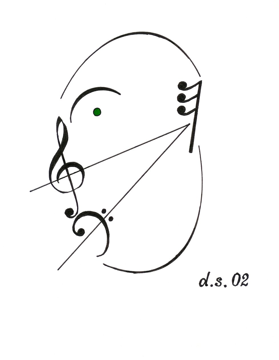 Diminuendo face - laulavat kasvot, jotka on piirretty käyttäen diminuendon musiikkisymbolia ja erilaisia muita nuottiesimerkkejä. tekijältä Dmitri Smirnov