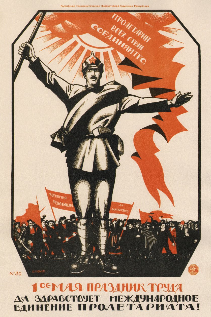 1. toukokuuta on työn juhla. Eläköön proletariaatin kansainvälinen yhtenäisyys! - Moor, Dmitri Stachievich (1883-1946) - 1920 - Värilitografia - 107x71 - Venäjän valtionkirjasto, Moskova tekijältä Dmitry  Moor