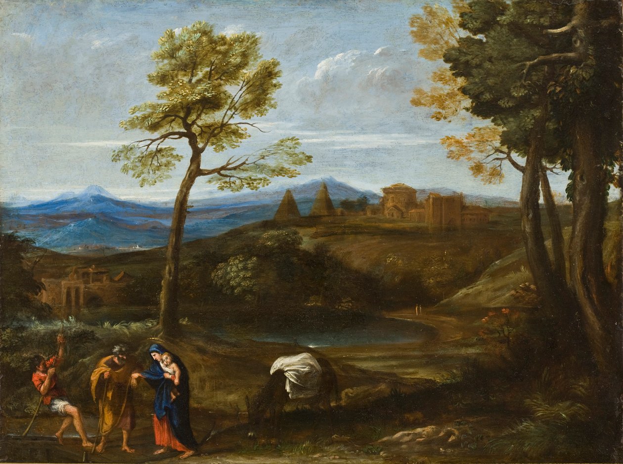 Maisema lento Egyptiin, n. 1605 (öljy kuparille) tekijältä Domenichino