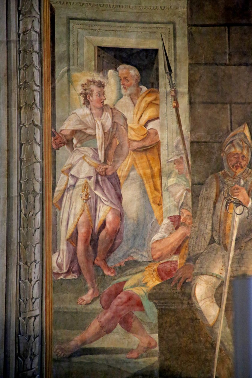 Pyhä Pietari pakenee vankilasta enkelin kanssa, 1604 tekijältä Domenichino