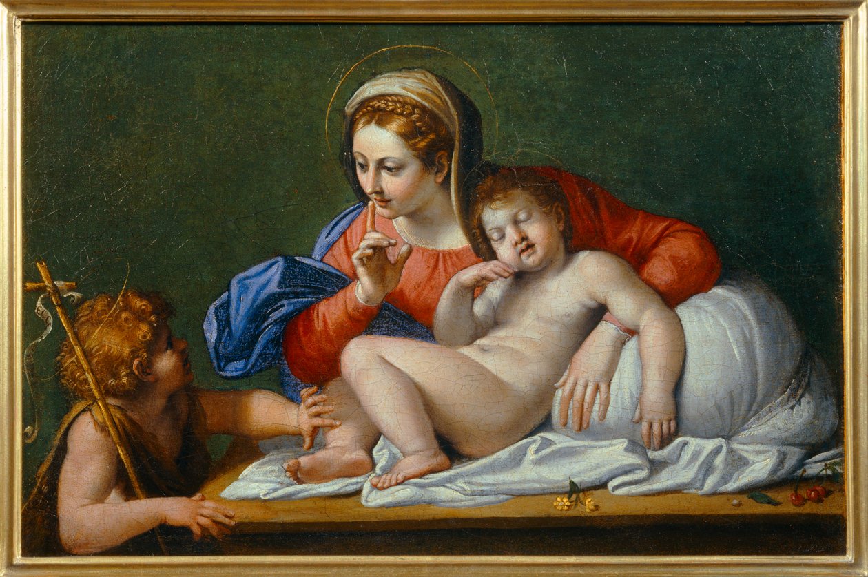 Neitsyt ja lapsi Jeesuksen ja Johannes Kastajan kanssa, joka tunnetaan myös nimellä Hiljaisuus - Neitsyt Maria lapsen kanssa ja Johannes Kastaja ... tekijältä Domenichino (1581 1641)