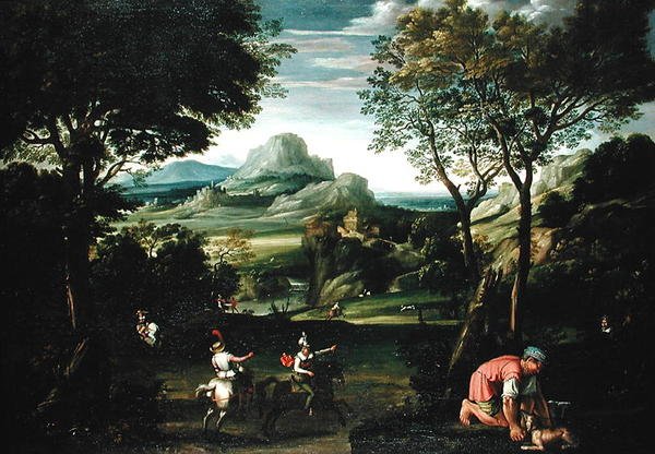 Maisema veneiden kanssa tai maisema metsästyspaikalla (öljy kankaalle) tekijältä Domenichino