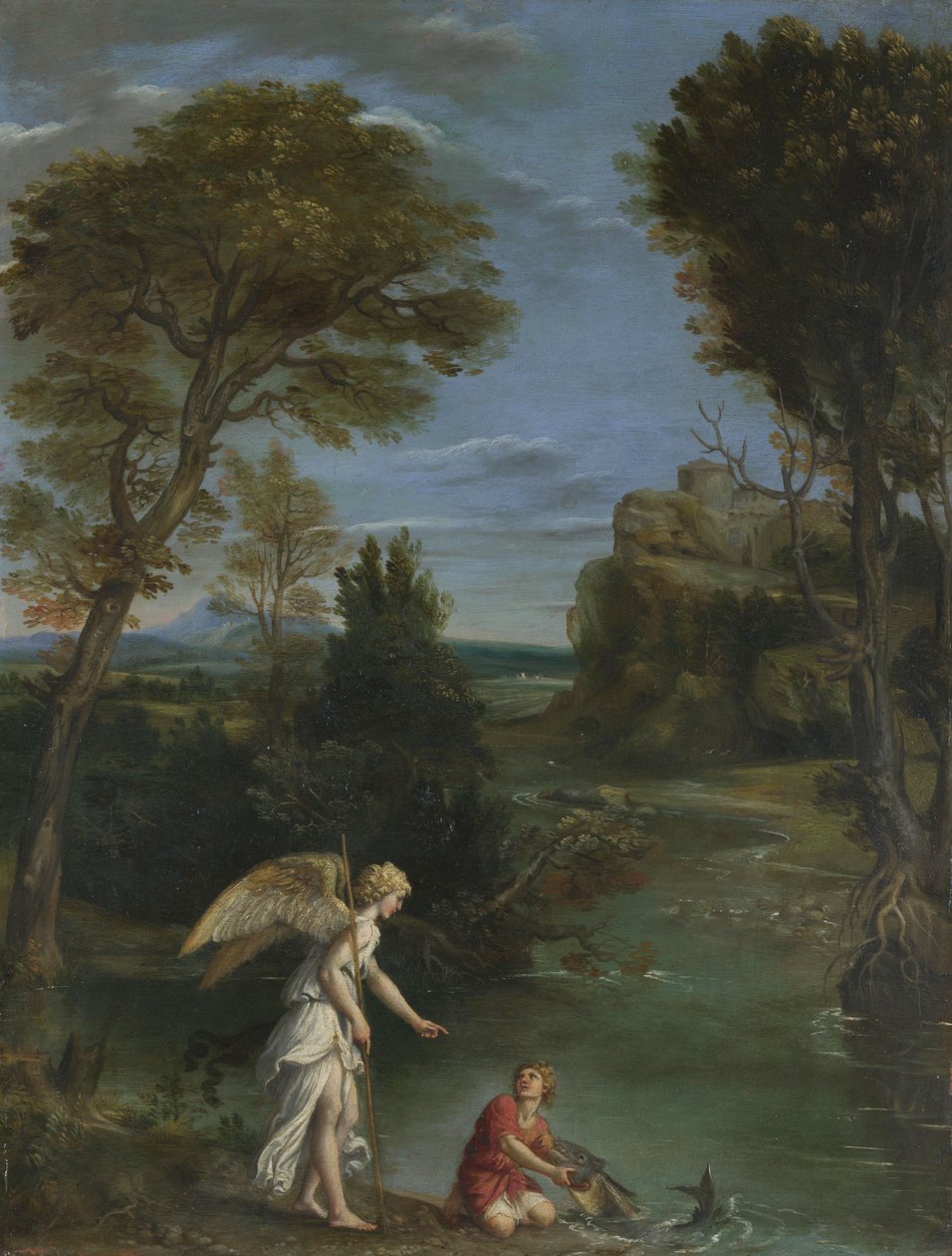 Maisema, jossa Tobias pitelee kalaa, n. 1615 (öljy kuparille) tekijältä Domenichino