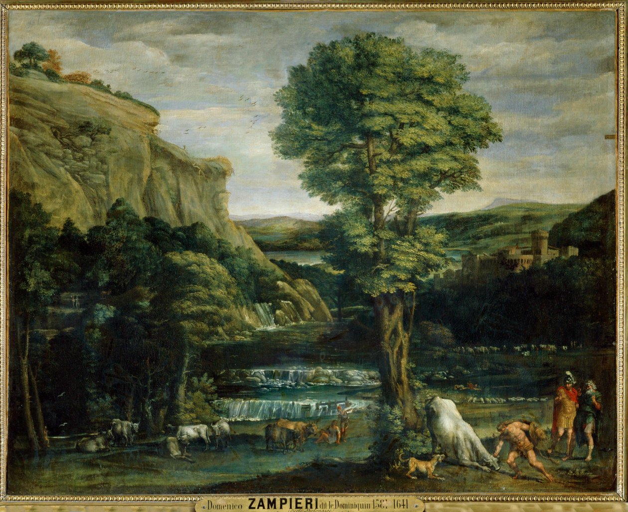 Paysage avec Hercule combattant Achelaos change en toreau - Maisema, jossa Hercules taistelee Achelaosin kanssa, joka on muuttunut häräksi ... tekijältä Domenichino (1581 1641)