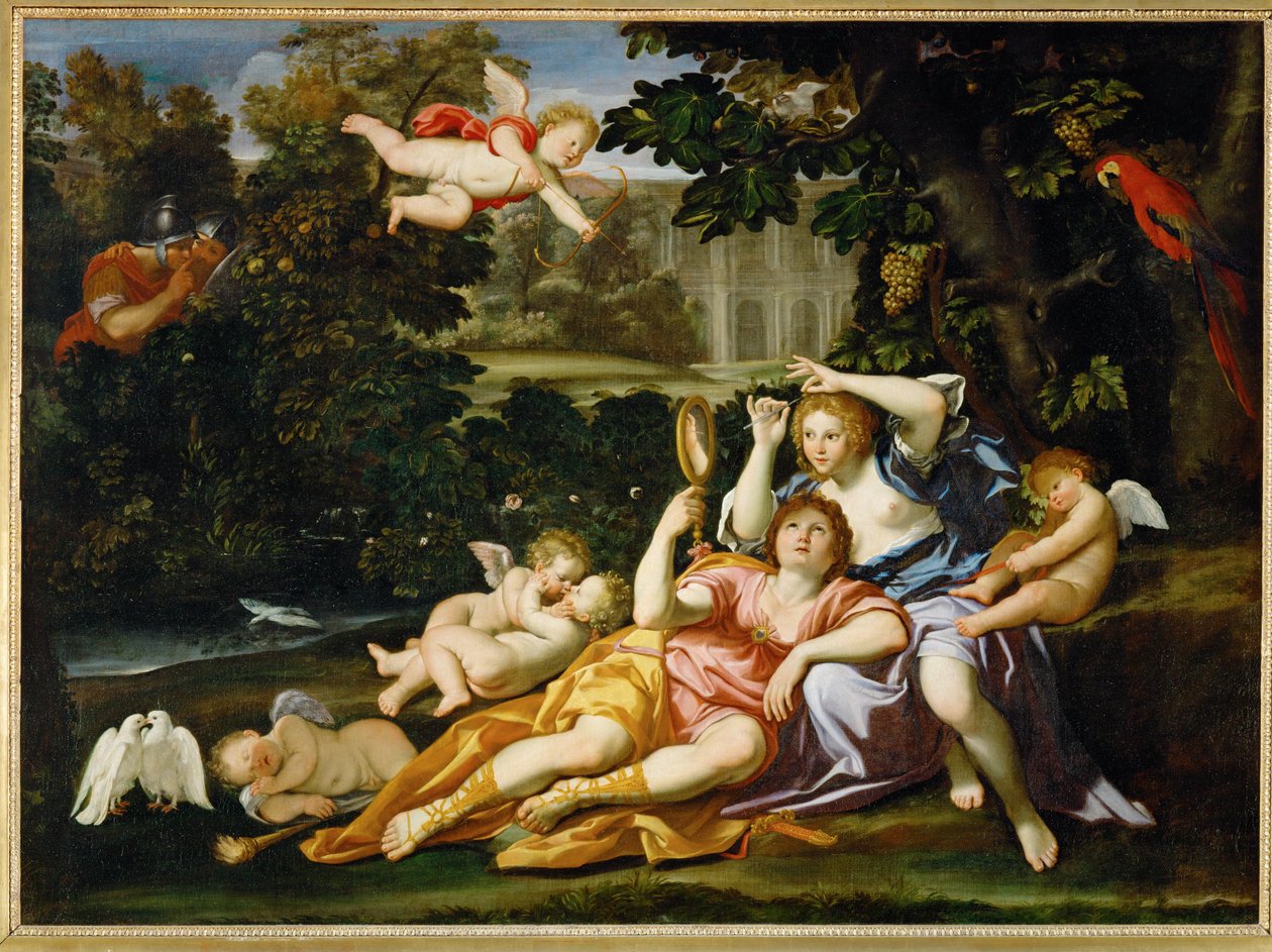 Renaud esittelee peilin Armidelle - Rinaldo esittelee ... tekijältä Domenichino (1581 1641)
