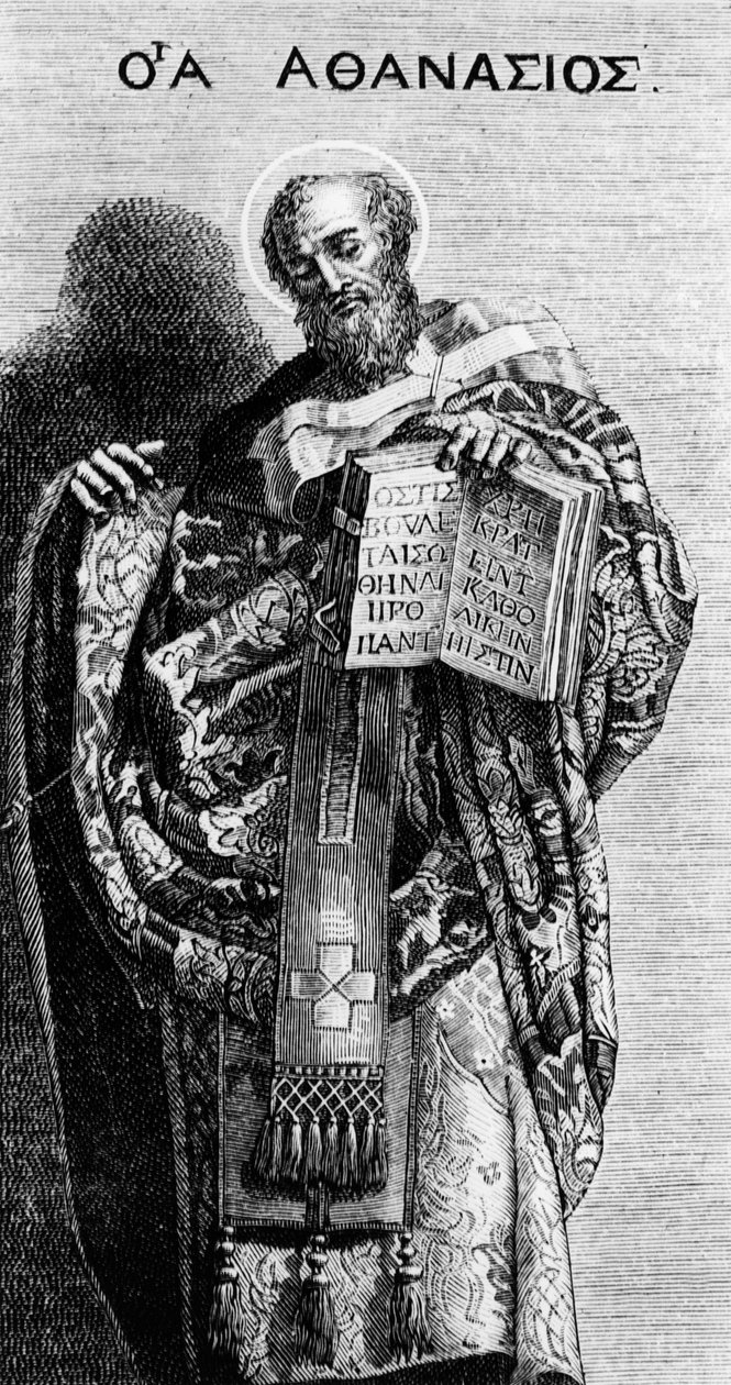 Athanasius Aleksandrialainen (298-373) Kirkon isä, kaiverrus Domenichinon maalauksen jälkeen Grottaferratan kirkossa tekijältä Domenichino