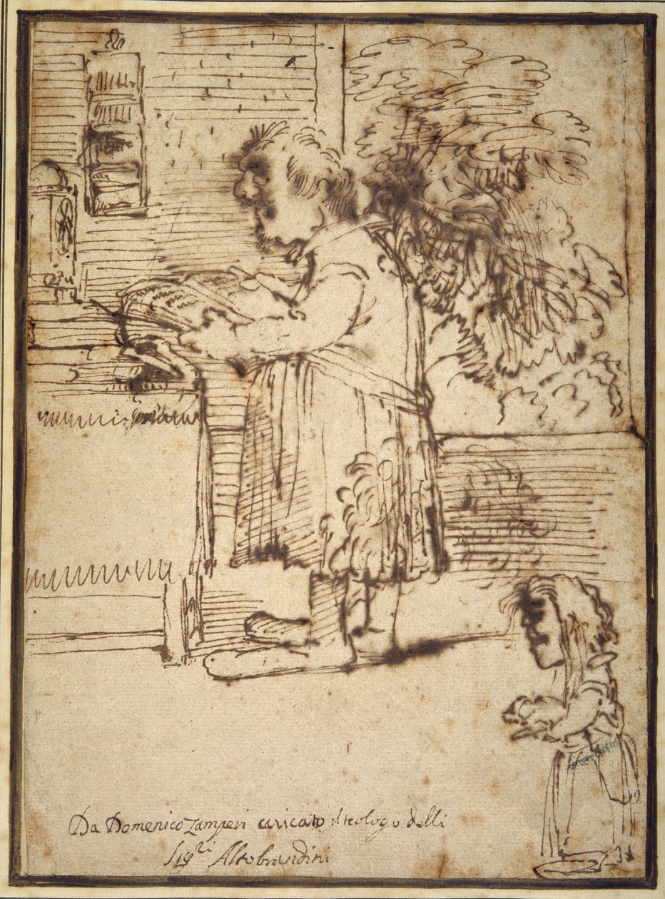 Karikatyyri Aldobrandinin teologista, jossa naaraskääpiö pitelee koiraansa (kynä ja muste paperille) tekijältä Domenichino
