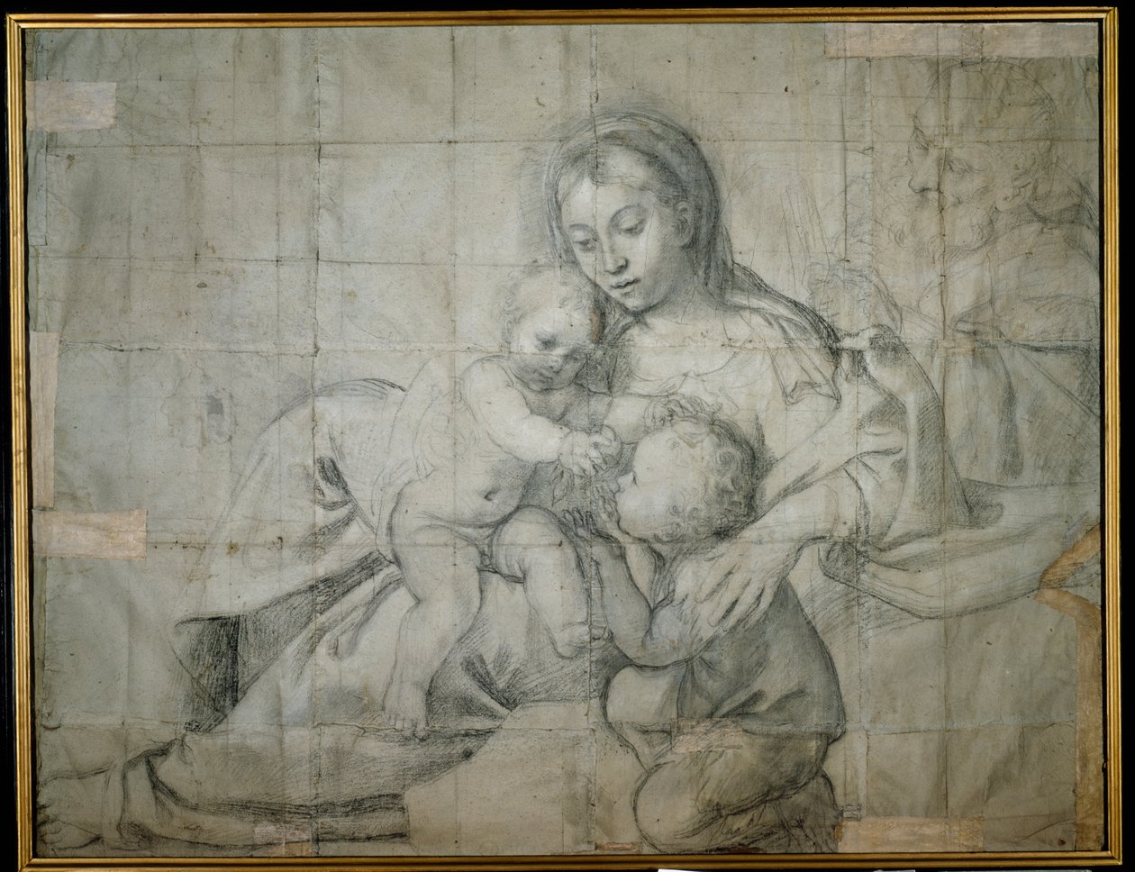 Pyhä perhe levossa Pyhän Johannes Kastajan kanssa (musta liitu paperilla) tekijältä Domenichino