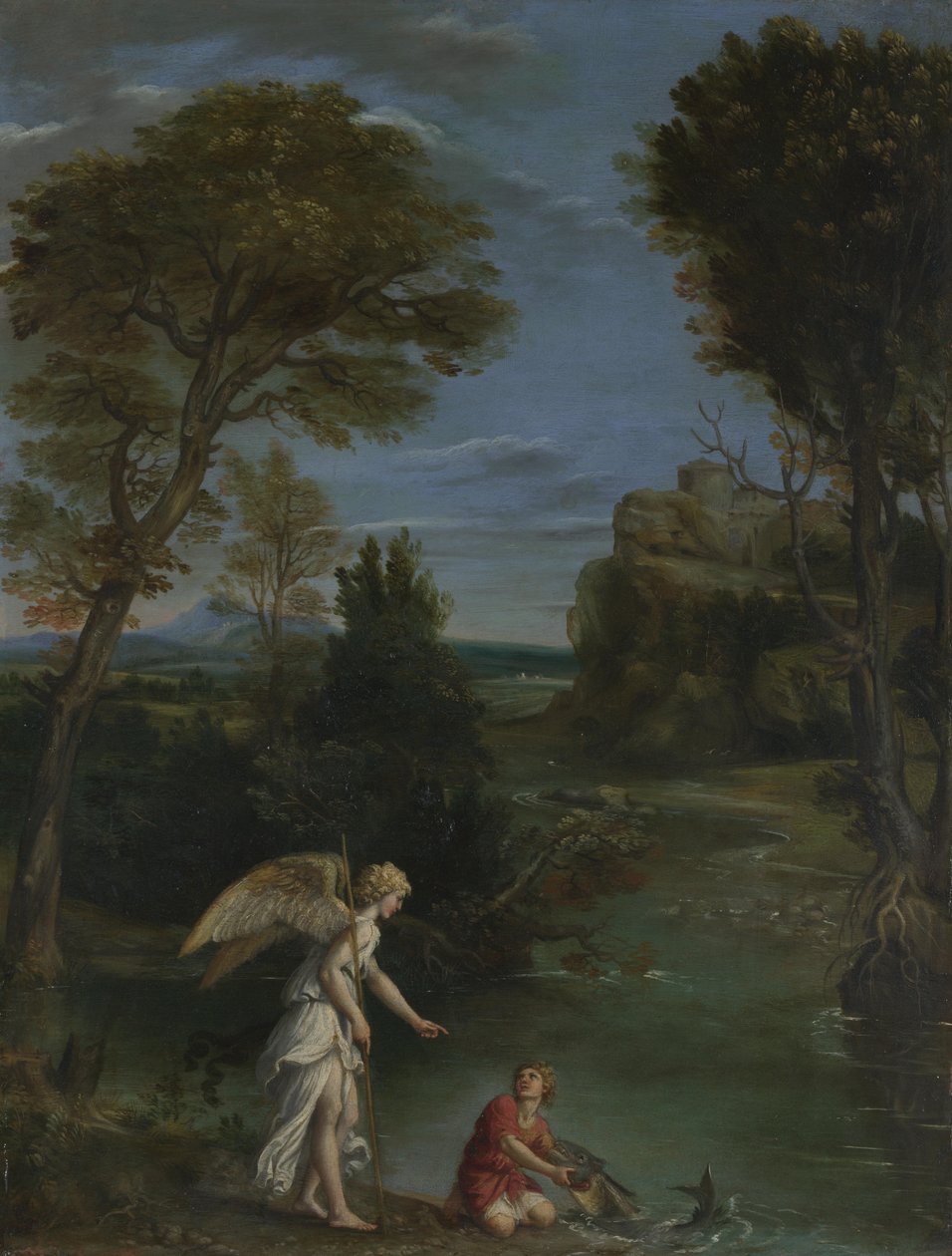 Maisema, jossa Tobias pitää kiinni kalasta tekijältä Domenichino