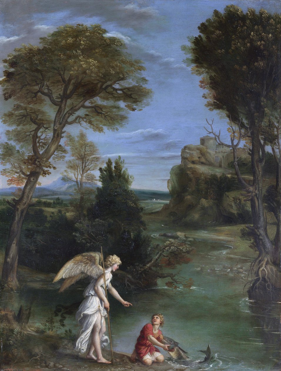 Maisema, jossa Tobias pitää kiinni kalasta tekijältä Domenichino