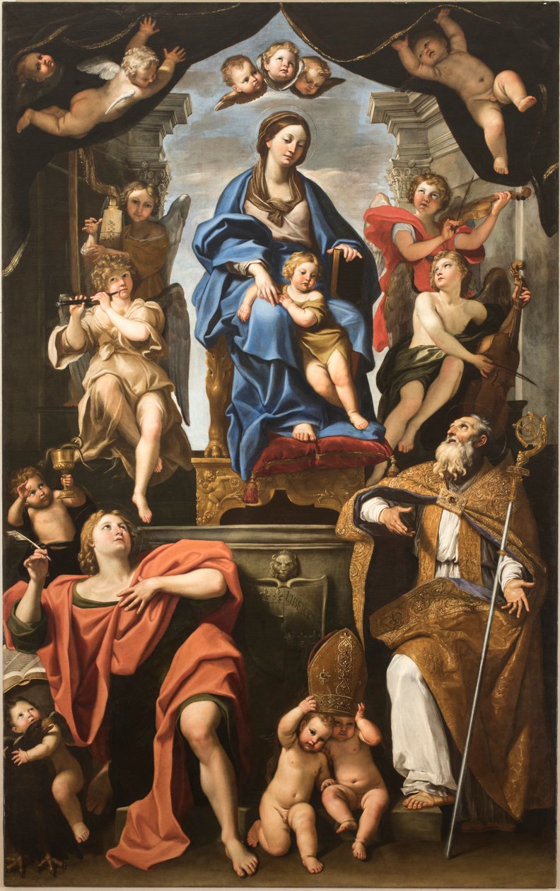Neitsyt ja lapsi pyhien Petroniuksen ja Johannes evankelistan kanssa, 1625-1629. tekijältä Domenichino