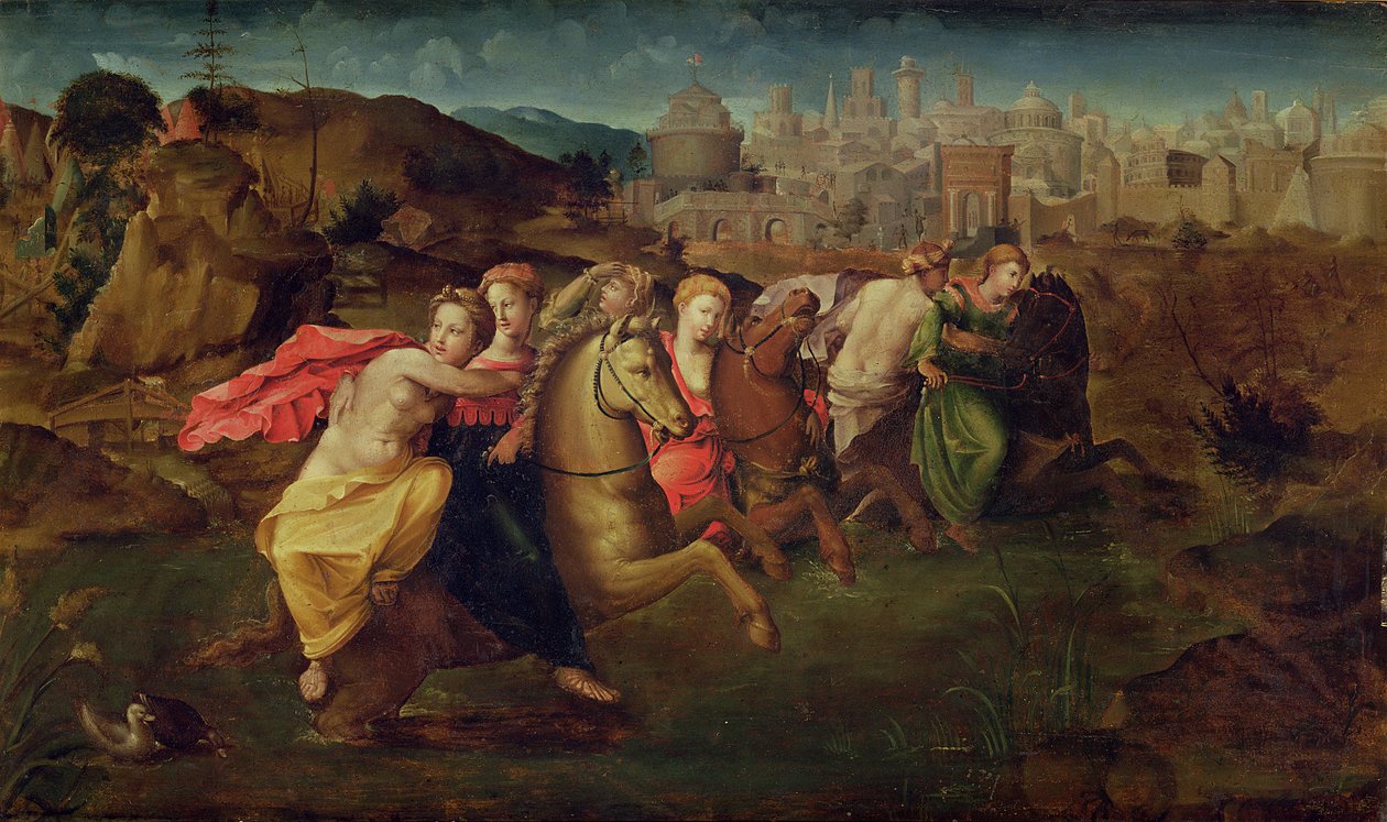 Kloelia ja neitsyet pakenevat Porsennan kentältä, noin 1530-35. tekijältä Domenico di Pace Beccafumi  