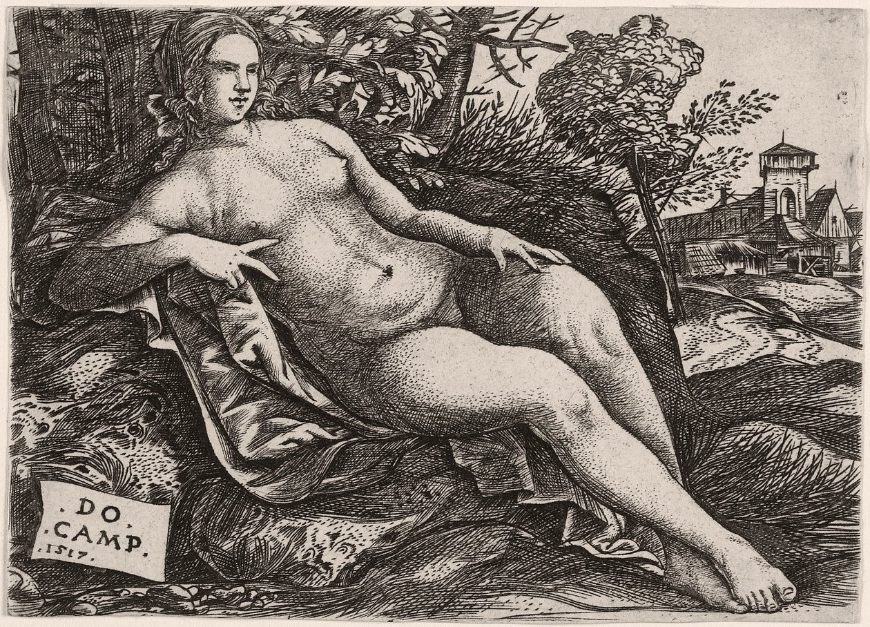 Venus makuulla maisemassa, n. 1517 tekijältä Domenico Campagnola