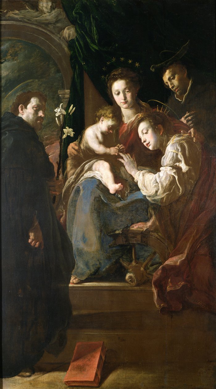 Pyhän Katariinan ja Kristuslapsen mystinen avioliitto Pietari marttyyrin kanssa, 1617-21 tekijältä Domenico Fetti or Feti