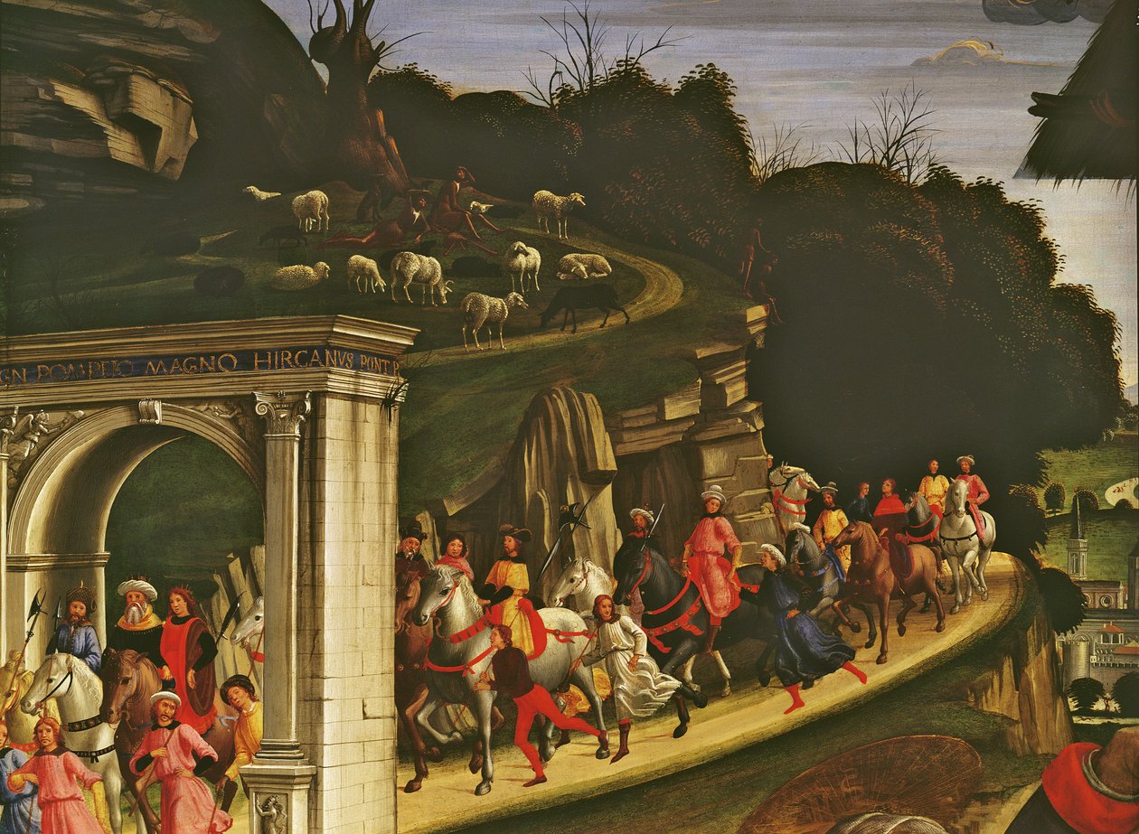 Paimenten palvonta, yksityiskohta tietäjien kulkueesta, 1485 (85101:n yksityiskohta) tekijältä Domenico Ghirlandaio