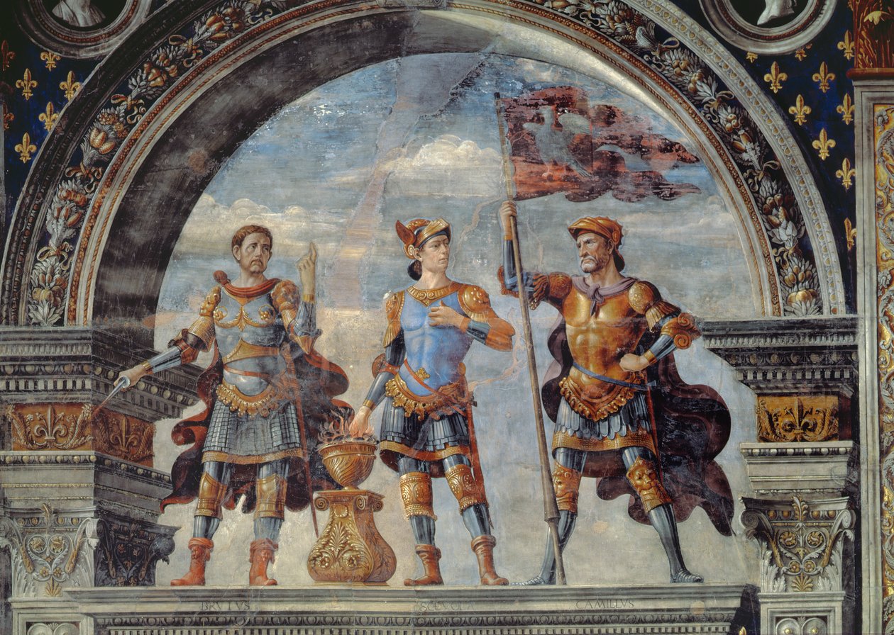 Brutus, Mucius Scaevola ja Furio Camillo, yksityiskohta Sala dei Giglin freskosta, n. 1470 tekijältä Domenico Ghirlandaio