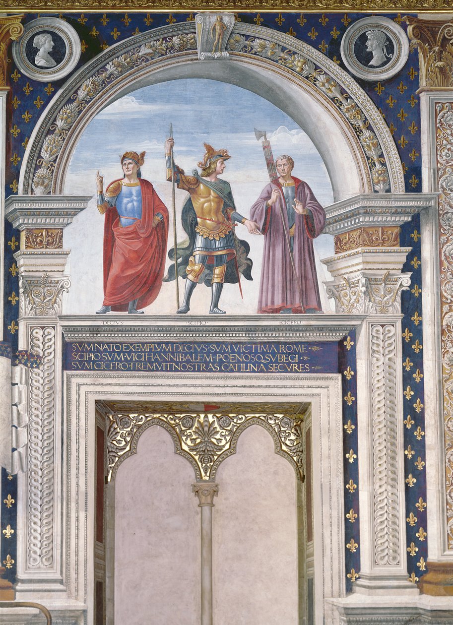 Decio Mure, Scipio (n.235-183 eKr.) ja Cicero (106-43 eKr.), yksityiskohta Sala dei Giglin freskosta, n.1470. tekijältä Domenico Ghirlandaio