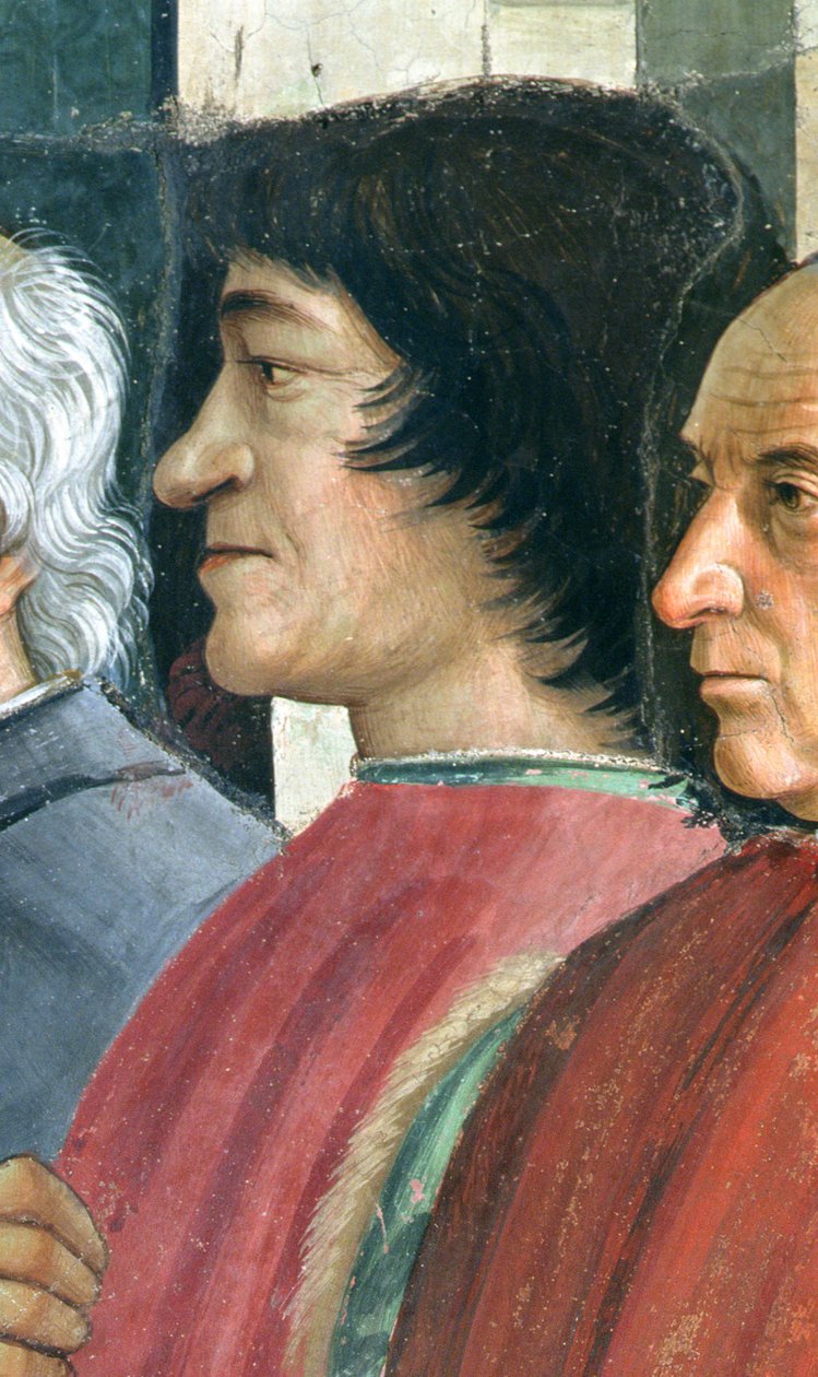 Lorenzo Medici, Yksityiskohta Pyhästä Franciscussta, joka saa paavi Honoriuksen ritarikunnan säännön, kohtaus Pyhän Franciscus Assisilaisen elämän syklistä, 1486 (yksityiskohta 176888) tekijältä Domenico Ghirlandaio