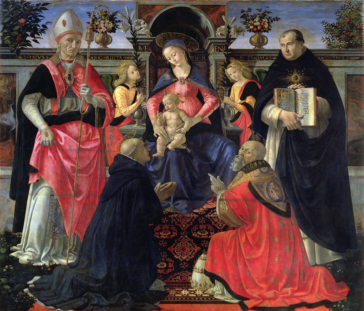 Madonna ja lapsi nousi valtaistuimelle SS:n kanssa. Dionysius, Aeropagita, Domenic, Klemens ja Tuomas Akvinolainen, 1483 tekijältä Domenico Ghirlandaio