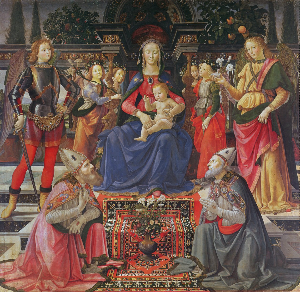 Madonna ja lapsi SS:n kanssa. Justus, Zenobius ja arkkienkelit Mikael ja Rafael, n. 1484 (tempera paneelissa) tekijältä Domenico Ghirlandaio