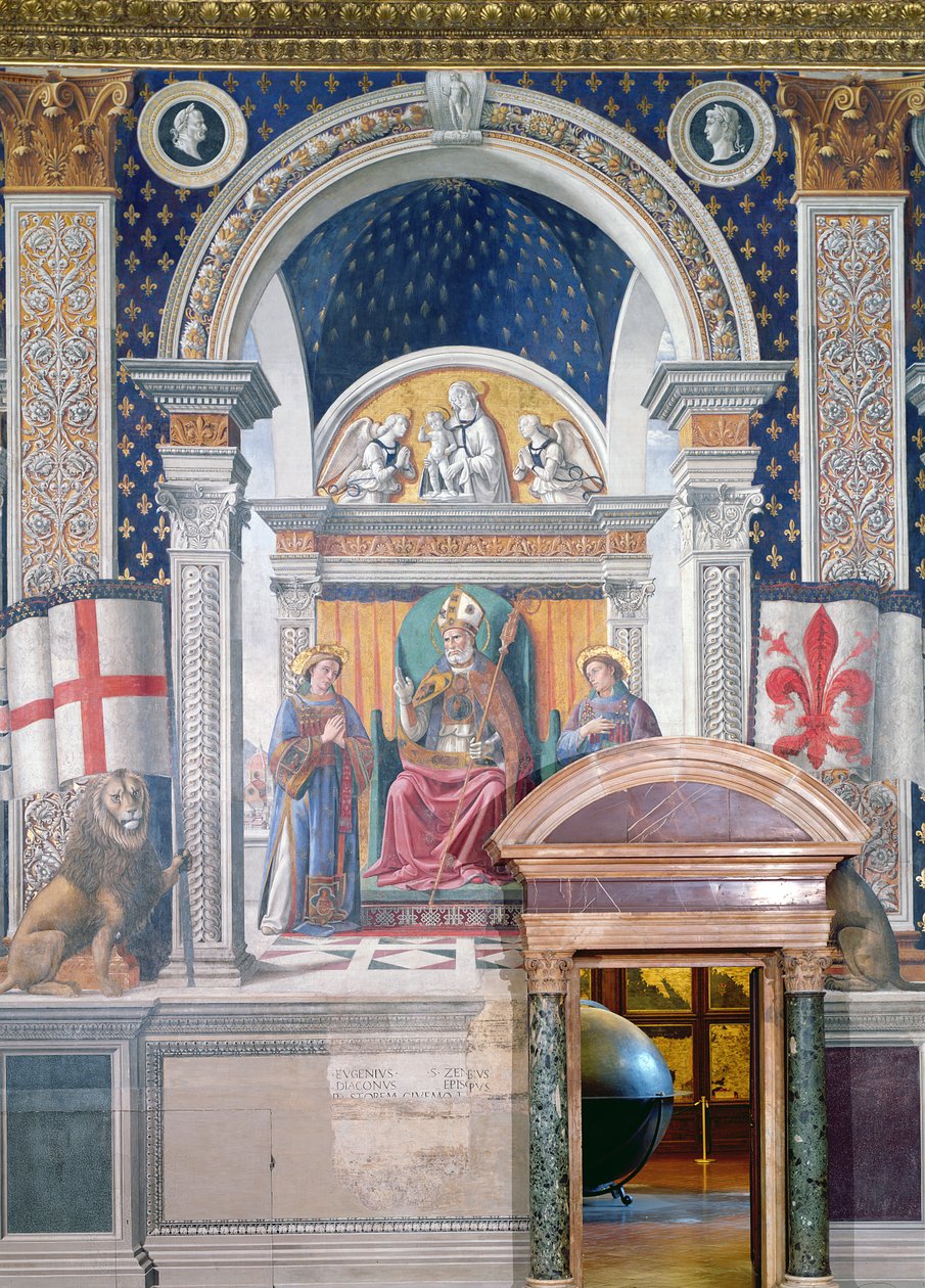 Pyhät Zenobius, Stephen ja Lawrence, yksityiskohta Sala dei Giglin freskosta, n. 1470 tekijältä Domenico Ghirlandaio
