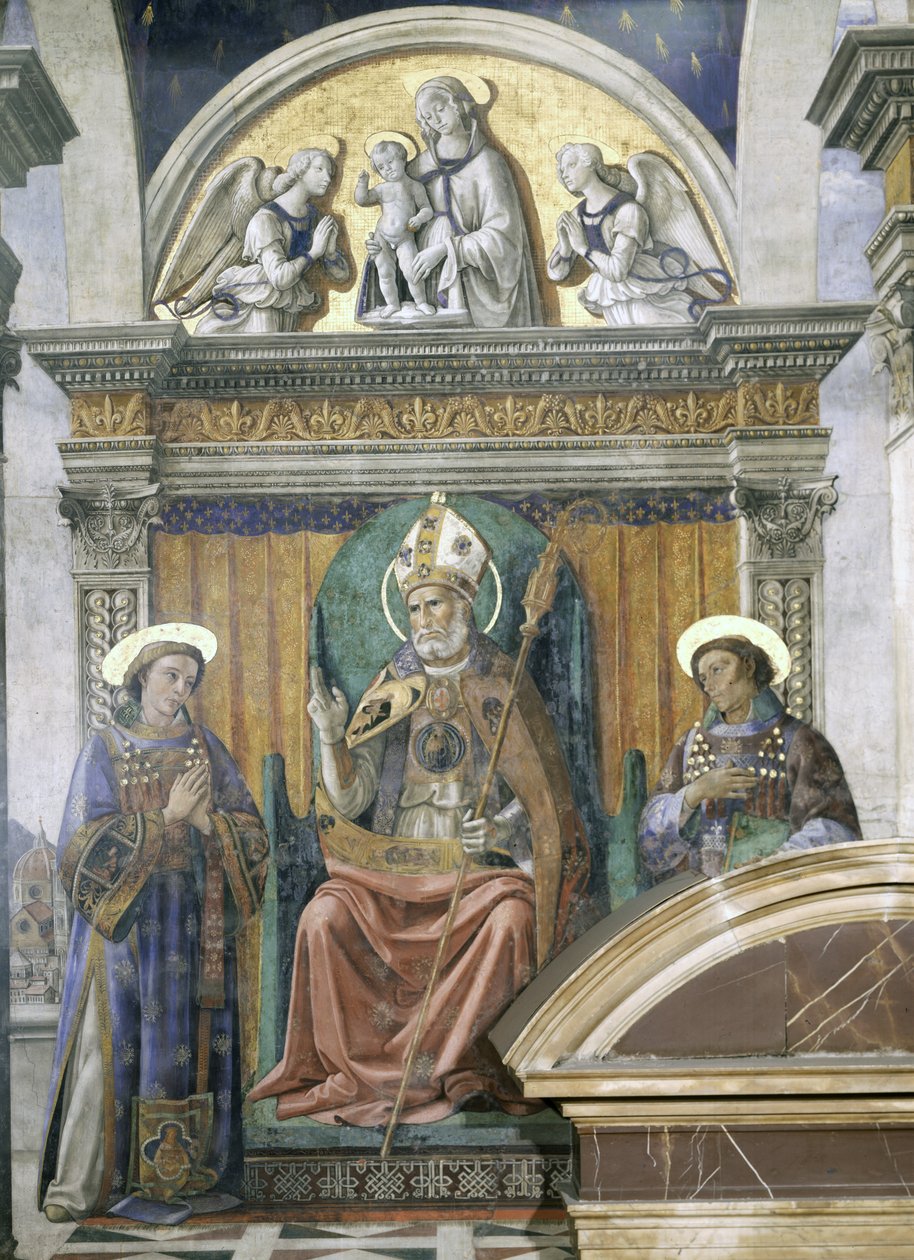 Pyhät Zenobius, Stephen ja Lawrence, yksityiskohta Sala dei Giglin freskosta, n. 1470 tekijältä Domenico Ghirlandaio