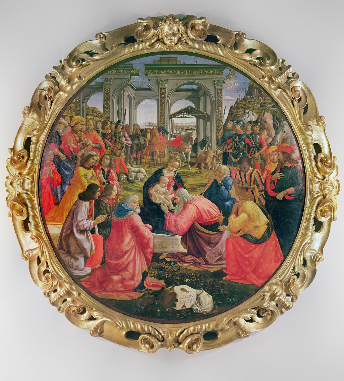 The Adoration of the Magi (osittaiskehyksellä), 1487 (öljy puulle) tekijältä Domenico Ghirlandaio