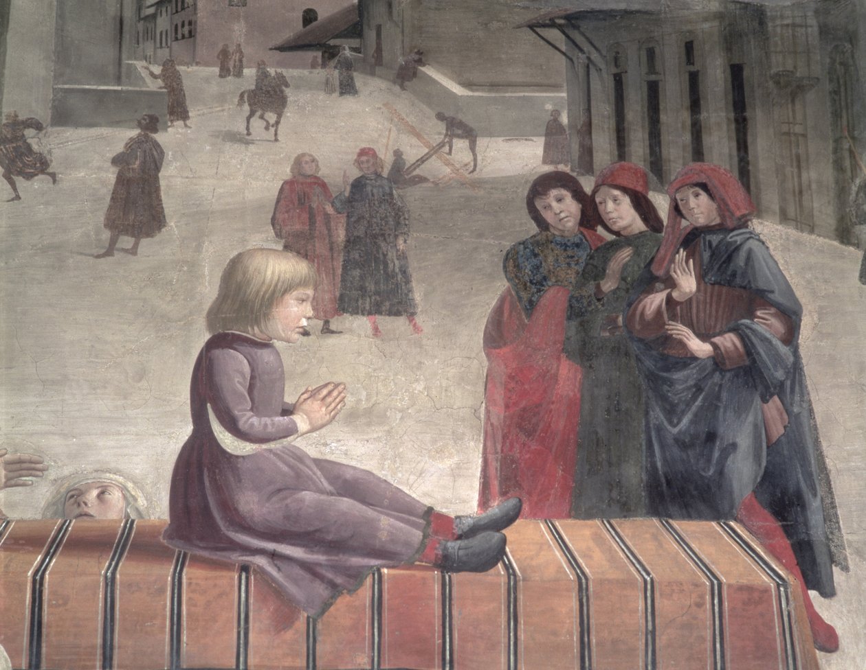 Ylösnousseen lapsen ihme, Sassetti-kappeli (yksityiskohta) tekijältä Domenico Ghirlandaio