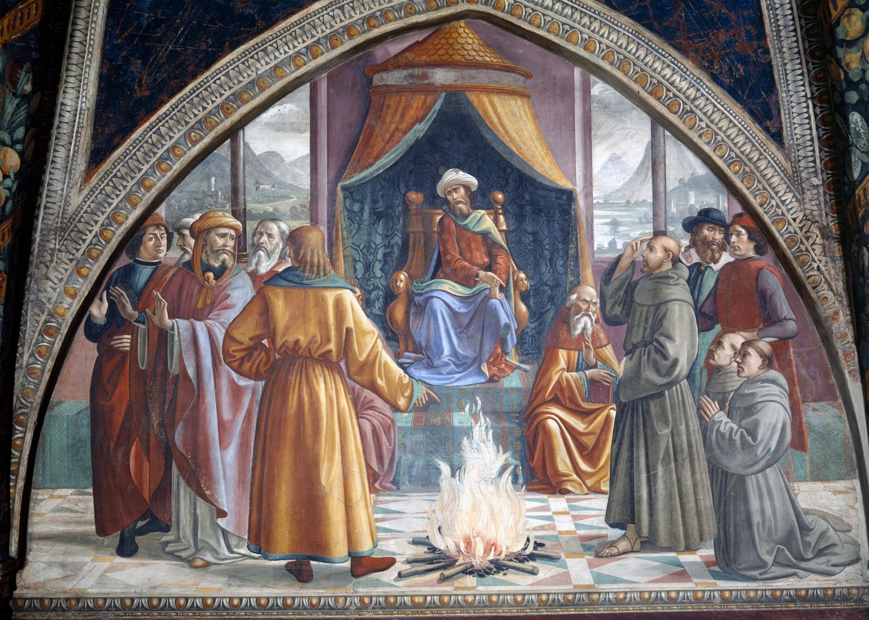 Tulioikeudenkäynti, pyhä Franciscus Egyptin sulttaanin edessä, kohtaus Pyhän Franciscus Assisilaisen elämän jaksosta, 1486 tekijältä Domenico Ghirlandaio