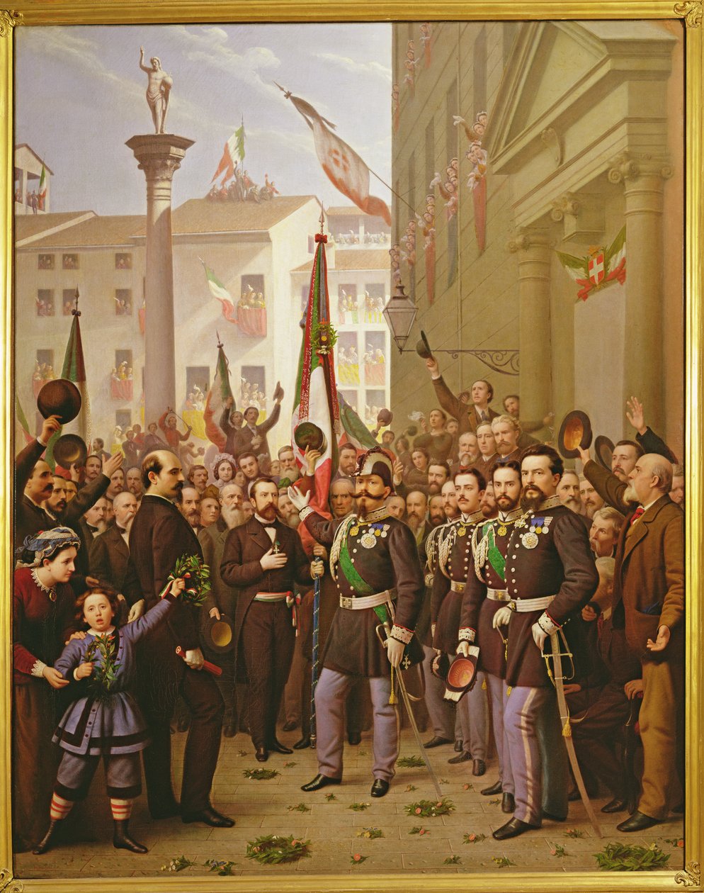 Viktor Emmanuel II koristelemassa lippua kultamitalilla 10. kesäkuuta 1848 Vicenzassa tekijältä Domenico Peterlin