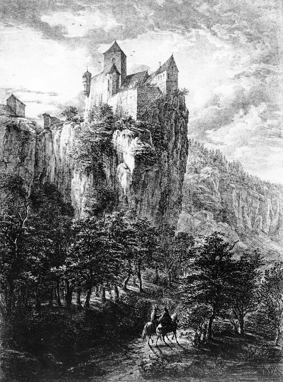 Schloss Prunn Altmuhlthalissa, Friedrich Wilhelm Bollingerin painatus, 1818 tekijältä Domenico Quaglio