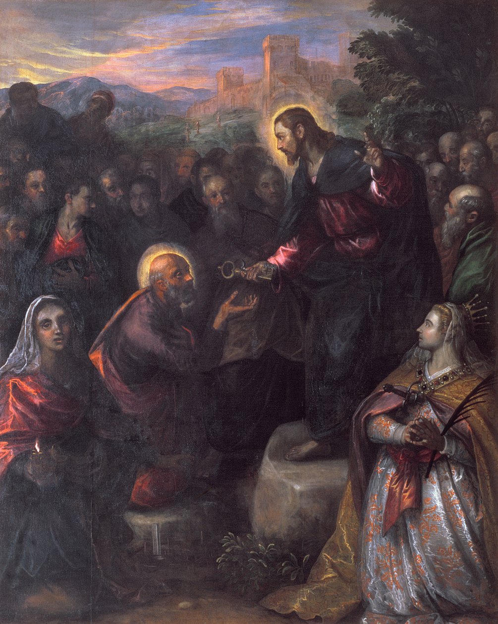 Kristus luovuttaa avaimet Pietarille pyhien Jacintan ja Justina Padovan kanssa tekijältä Domenico Robusti Tintoretto