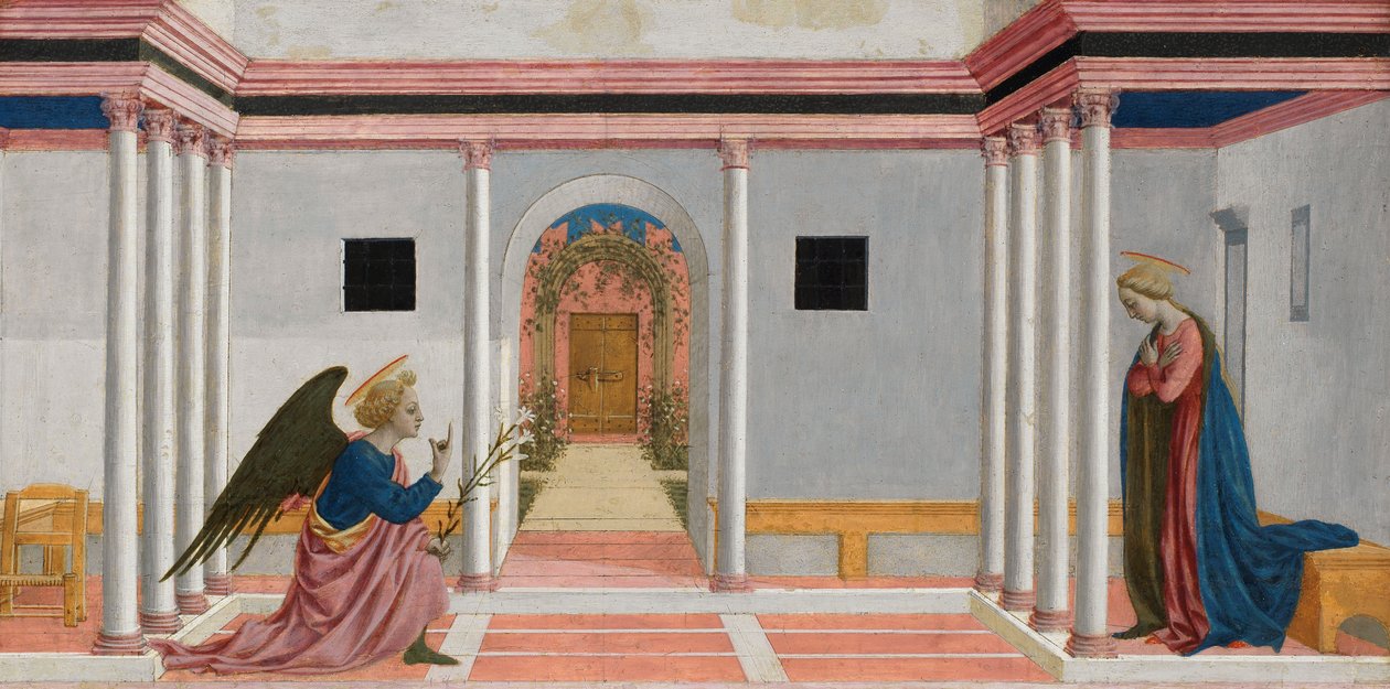 Anunciation, predella-paneeli St. Lucyn alttaritaulusta, n. 1442-1448 (tempera paneelissa) tekijältä Domenico Veneziano