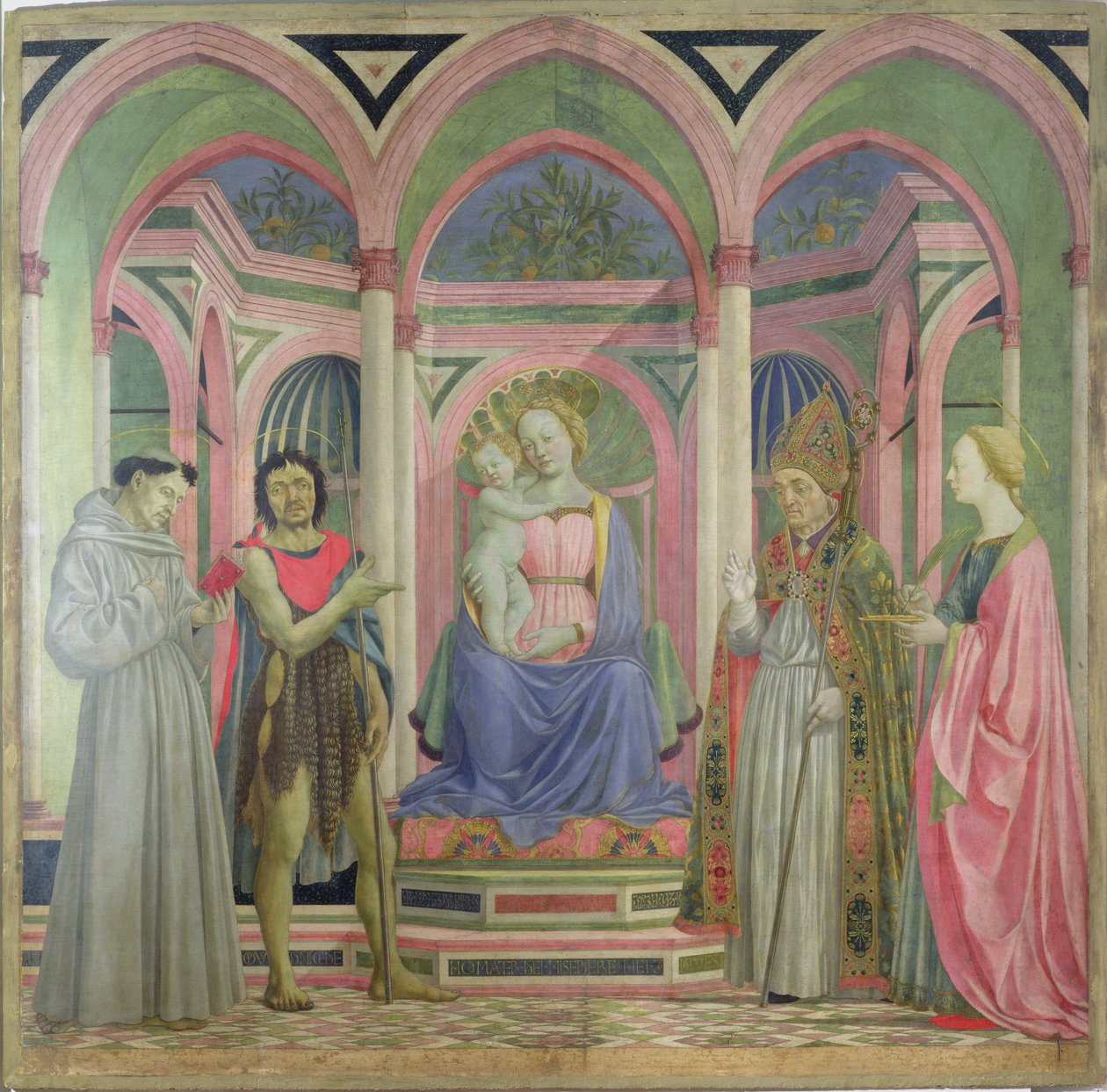 Neitsyt ja lapsi, joiden rinnalla ovat Pyhä Lucy, Pyhä Nikolaus, Pyhä Johannes Kastaja ja Pyhä Franciscus, n. 1445-47 (tempera paneelissa) tekijältä Domenico Veneziano