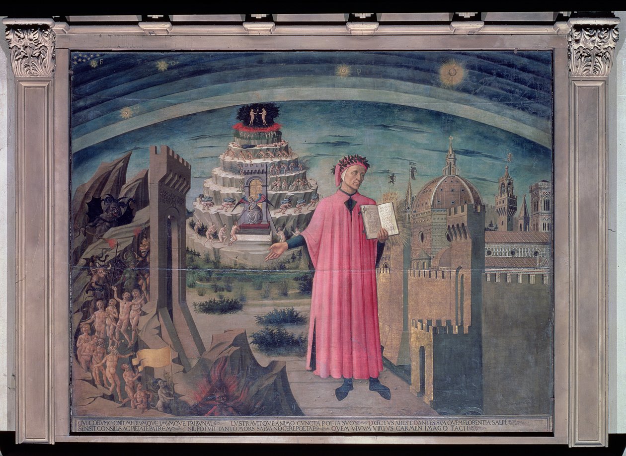 Dante ja hänen runonsa "Jumallinen komedia", 1465 (tempera paneelissa) tekijältä Domenico di Michelino