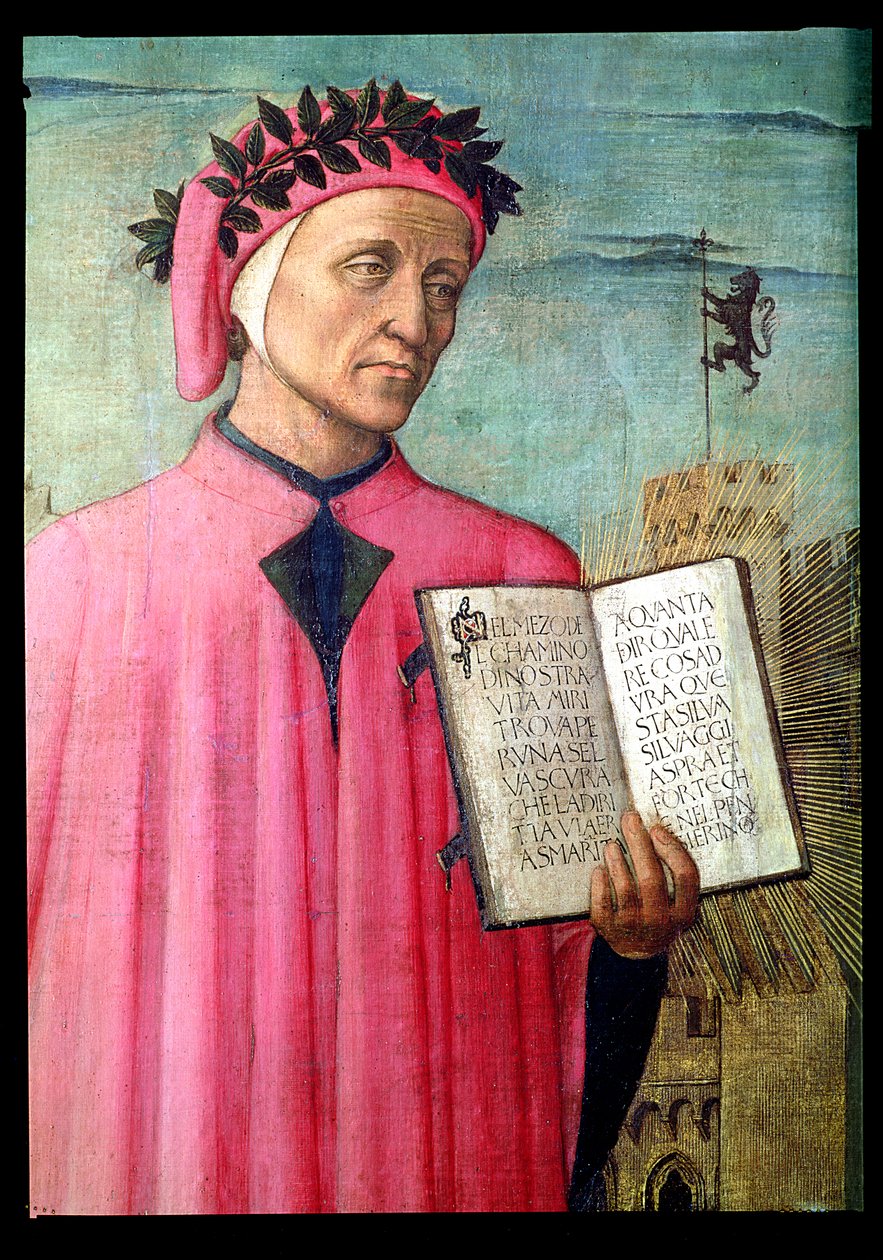 Dante lukemassa Jumalallista komediaa, yksityiskohta Dante Alighieri 1265-1321, 1465 paneeli yksityiskohta 42355:stä. tekijältä Domenico di Michelino
