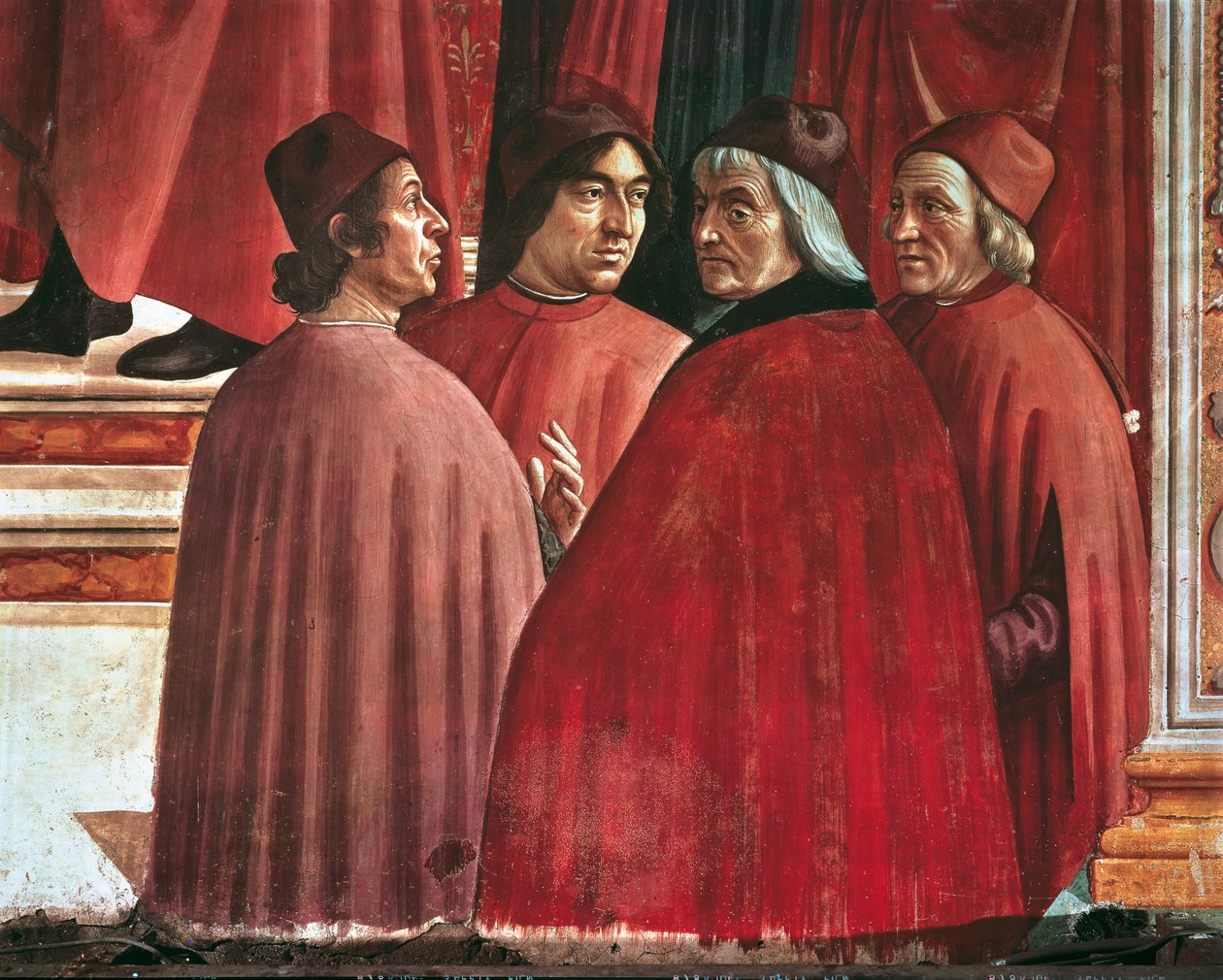 Tarinat Neitsyt Mariasta: Ilmoitus Zacharialle, yksityiskohta Cristoforo Landinosta, Angelo Polizianosta ja Marsilio Ficinosta, n. 1485-1490 (tuore) tekijältä Domenico Ghirlandaio