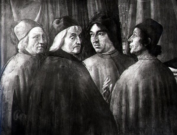 Sakarias temppelissä, yksityiskohta miesryhmästä tekijältä Domenico Ghirlandaio
