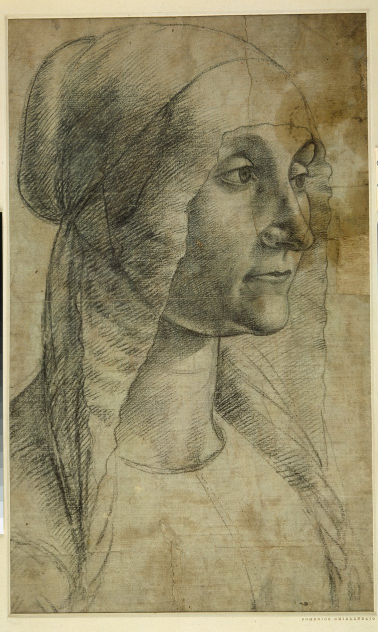 Naisen pää, jolla on puku (musta liitu valkoisella paperilla tekijältä Domenico Ghirlandaio